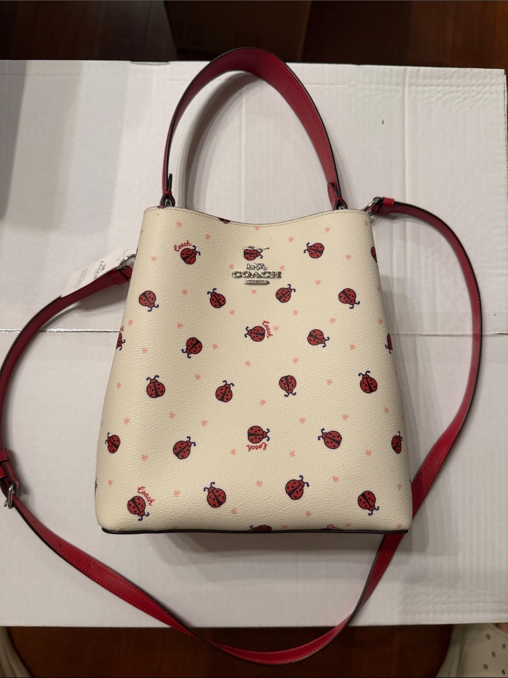 Coach White Leather Bucket Bag with Red Ladybug Print